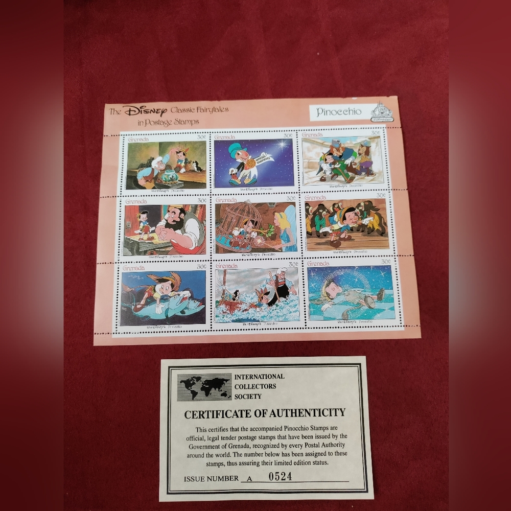 Collectibles .Set Of 9 Pinocchio Stamps, Certificate Of Authenticity Limited .